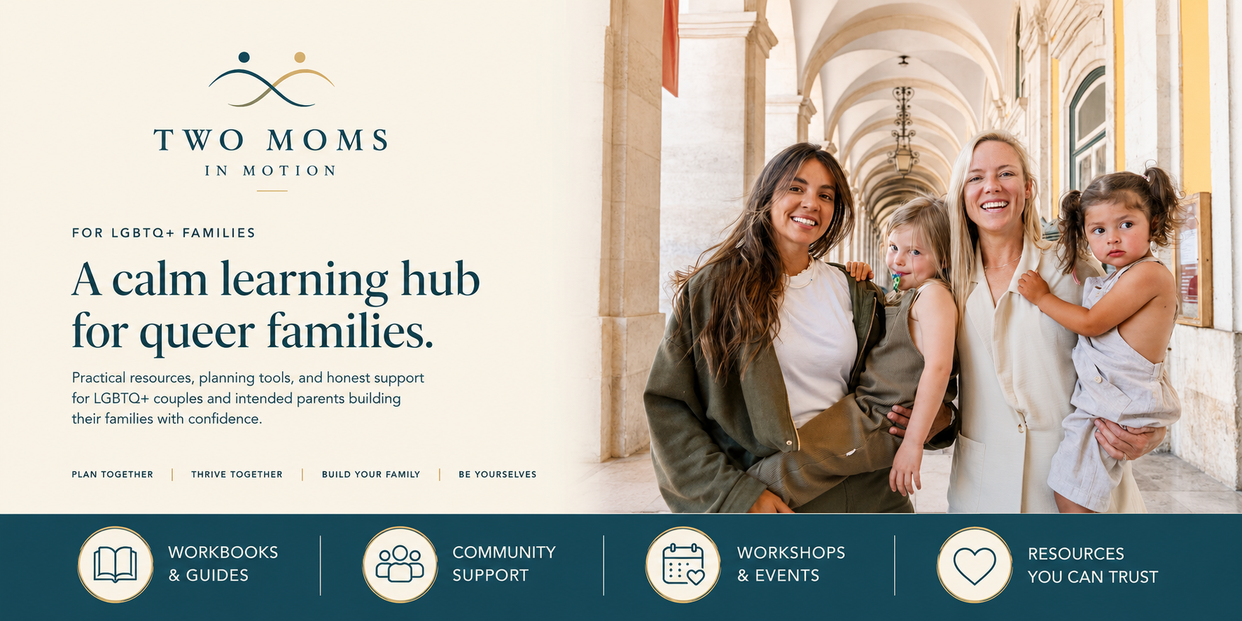 Two Moms In Motion — a calm learning hub for queer families with workbooks, community support, workshops, and trusted resources