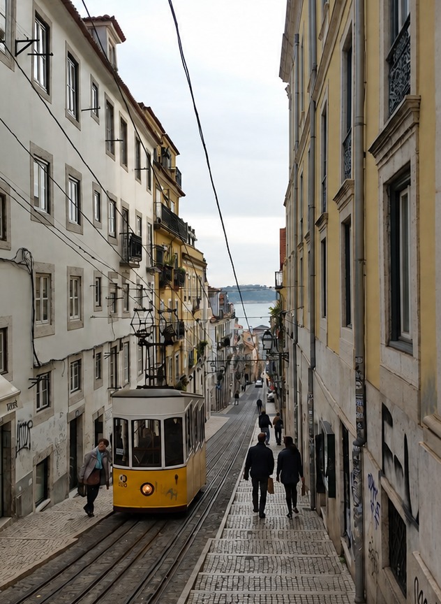 Classic yellow tram on a sunlit Lisbon street